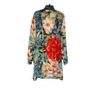Club Collection Swimsuit Cover L Sheer Floral Beaded Tie Neck Beachy